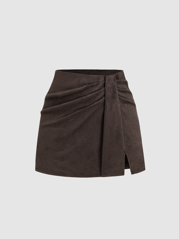 SHEIN EZwear 法式復古棕色麂皮布料時尚抓褶設計A字裙，秋冬時尚極簡百搭辣妹風女款裙