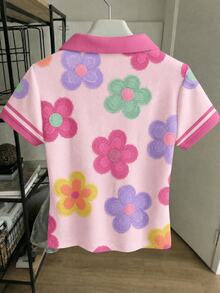 青少年女孩休閒圓領可愛復古花卉印花短袖T恤 - 白色 - 查看 2