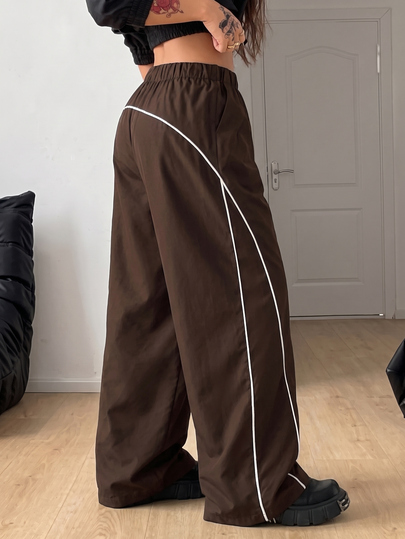 Coolane Women's & Men's Plus Size Summer Fall Casual Y2k Streetwear Vintage Sport Elastic Waist Straight Leg Contrast Color Loose Brown Pants