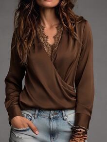 SHEIN Women's Elegant Brown Lace Long Sleeve Blouse - Coffee Brown - View 3