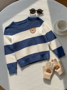 SHEIN Young Boys Cartoon Bear Kids Striped Pattern Crew Neck Long Sleeve Pullover Autumn Sweater - Multicolor - View 6