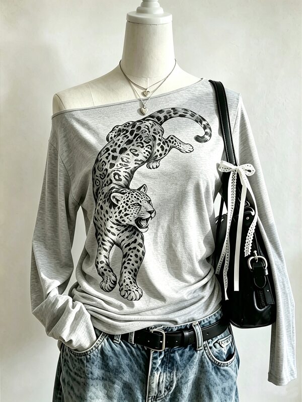 Lalippa Women's Leopard Print Cold Shoulder Long Sleeve Slim Fit T-Shirt, Y2K Style Casual Streetwear Grey Top