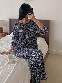 DAZY Women's Minimalist Polka Dot Print Long Sleeve Top And Casual Long Pants Pajama Set - Navy Blue - View 4