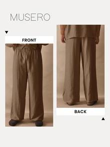 Musero Straight Leg Button Detail Elasticated Drawstring Waistband Trouser Linen Pants Spring Summer Essentials - Brown - View 7
