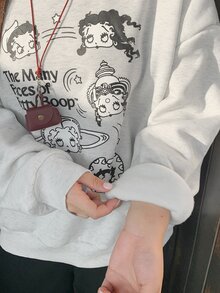 Betty Boop x DAZY Curve Cartoon Print Crew Neck Thermal Lined Thick Casual Loose Long Sleeve Sweatshirt For Spring Autumn Winter - Light Grey - View 1