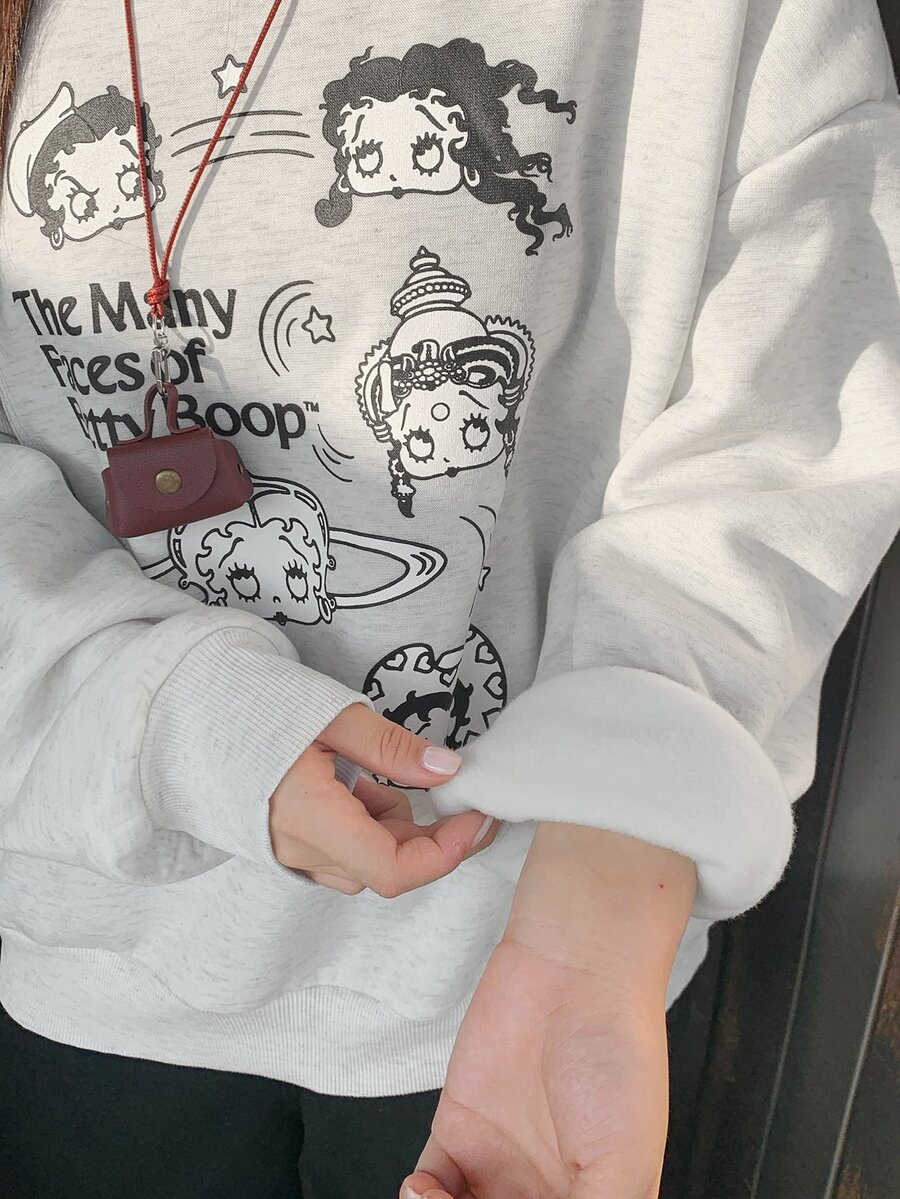 Betty Boop x DAZY Curve Cartoon Print Crew Neck Thermal Lined Thick Casual Loose Long Sleeve Sweatshirt For Spring Autumn Winter - Light Grey - View 1