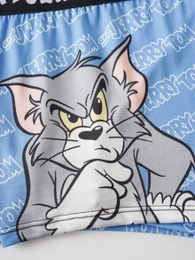 TOM & JERRY X SHEIN 男士緹花腰帶舒適字母印花四角內褲 - 藍色 - 查看 7