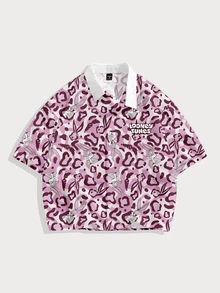 LOONEY TUNES X SHEIN FROVYX Men's Pink Leopard Print Rabbit All-Over Print Cropped Shirt, Suitable For Casual Daily Wear - Multicolor - View 4