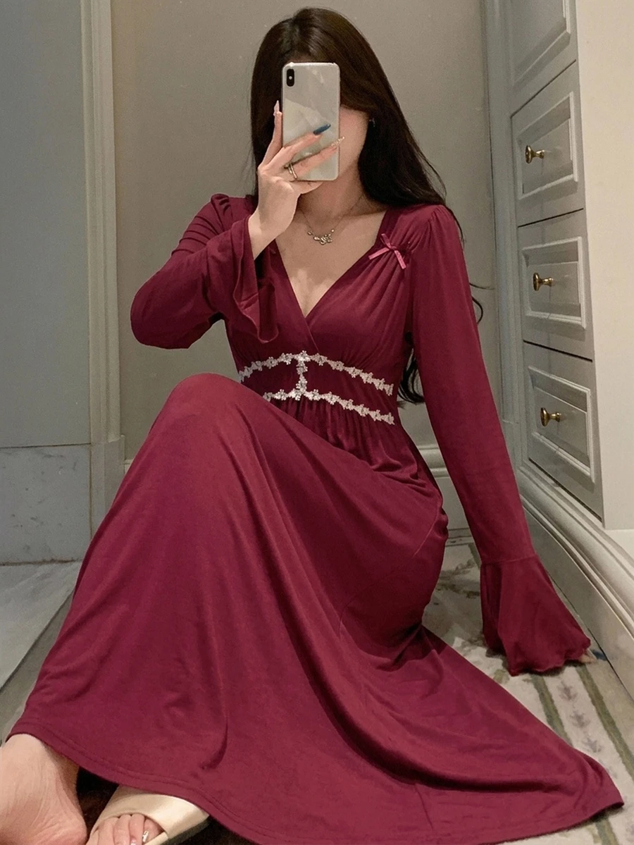 DAZY Romantic Ruched Design Lace Trim Cinched Waist Ruffle Cuff Long Women's Nightgown - Burgundy - View 1
