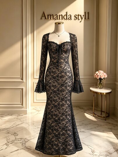 Flairista Robe longue de soirée élégante pour , en tissu dentelle, taille cintrée, manches longues évasées, automne/hiver