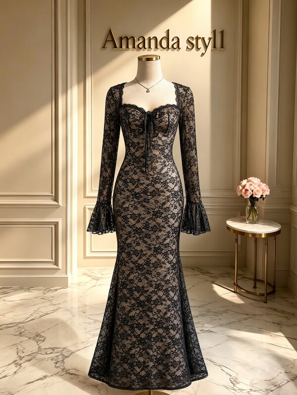 Flairista Women's Elegant Waist-Cinching Lace Fabric Flare Long Sleeve Autumn/Winter Black Evening Party Long Dress