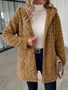 SHEIN Clasi 女款舒適連帽紋理保暖內裡拉鍊外套 - 駝色 - 查看 3