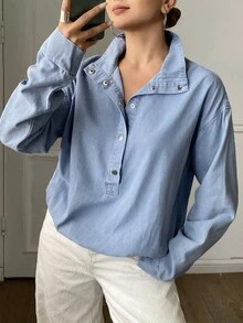 Livesso Women's Casual Half-Button Denim Jacket, Autumn - Blue - View 3
