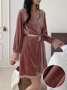 DAZY Women's Elegant Lace Trim Robe With Belt Fall - Dusty Pink - View 4