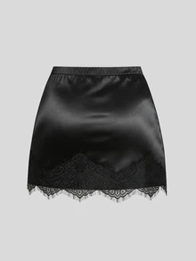 Sweetra Plus Size Autumn/Winter Elegant Sexy Satin Fitted Ruched Lace Patchwork Bodycon Mini Skirt - Black - View 2