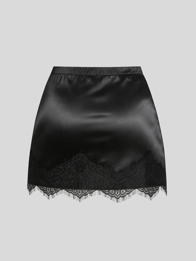 Sweetra Plus Size Autumn/Winter Elegant Sexy Satin Fitted Ruched Lace Patchwork Bodycon Mini Skirt - Black - View 2