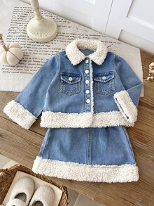 Baby Girl Autumn/Winter Blue Denim Fleece Trim Loose Short Jacket & Skirt 2-Piece Set - Blue - View 5