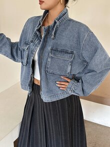 Dazy Plus Jaket Denim Vintage dengan Resleting Depan, Kantong Longgar, Kerah Tegak, Lengan Panjang, Cocok untuk Musim Semi, Musim Panas, dan Musim Gugur. - Medium Wash - View 8