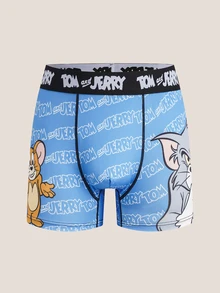 TOM & JERRY X SHEIN 男士緹花腰帶舒適字母印花四角內褲 - 藍色 - 查看 1