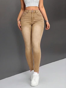 SHEIN PETITE 女款時尚百搭鈕扣口袋緊身牛仔褲 - 卡其色 - 查看 5