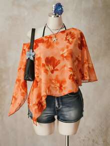 SHEIN ICON Plus Floral Print Asymmetrical Neck Top - Multicolor - View 4