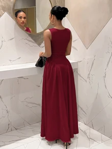 Slaydiva Summer Vacation Elegant Square Neck Fitted Flare Skirt White Long Dress - Burgundy - View 2