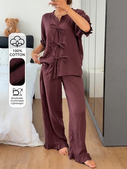 Livesso Summer Minimalist Elegant Tie-Up Pleated Textured All Cotton Women's Pajama Set