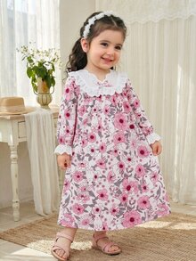 SHEIN LMoss Kids 少女寬鬆休閒蕾絲拼接碎花居家服 - 粉色 - 查看 3