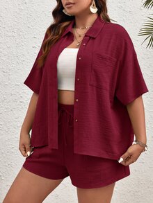 SHEIN VCAY 大尺碼純色休閒度假襯衫短褲兩件套 - 酒紅色 - 查看 4