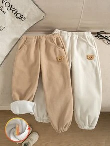 SHEIN 2pcs Set Toddler Boys Fall Corduroy Sweatpants, Fleece‑Lined Loose Fit Solid Beige & Light Brown Pants With Bear Patch & Pockets, Casual Fall Outfits - Multicolor - View 1