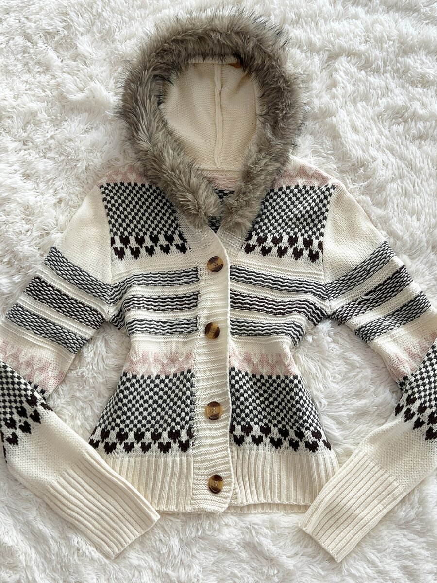 Elamini Women's Fashion Versatile Heavy-Duty Fur Collar Daily Commute Outfit Autumn/Winter Fair Isle Cardigan - Multicolor - View 1