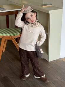 DAZY Baby Girl Bow Decor Casual Round Neck Long Sleeve Top Fall - Apricot - View 5