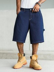 Manfinity Homme Men's Street Style Casual Multi-Pocket Cargo Blue Plus Size Denim Shorts - Dark Wash - View 7