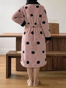 Dazy Plus Plus Size Thermal Lined Thick Plush Polka Dot Elegant Tie Pink Autumn/Winter New Style Robe - Pink - View 3