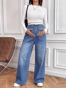 SHEIN Maternity Drawstring Waist Contrast Pocket Denim Jeans Cowgirl Outfit For Women Country Office Outfits For Women - Blue - View 3