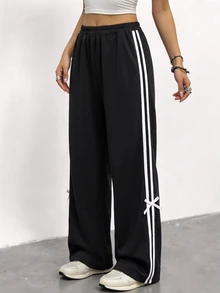 SHEIN 少女對比條紋蝴蝶結裝飾長褲 - 黑色 - 查看 1