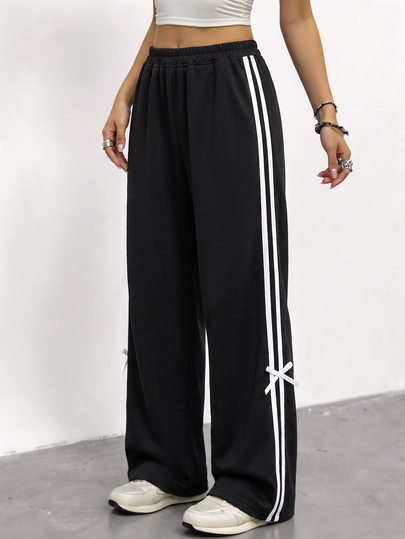 SHEIN Tween Girl Contrast Striped Bow Decor Long Pants