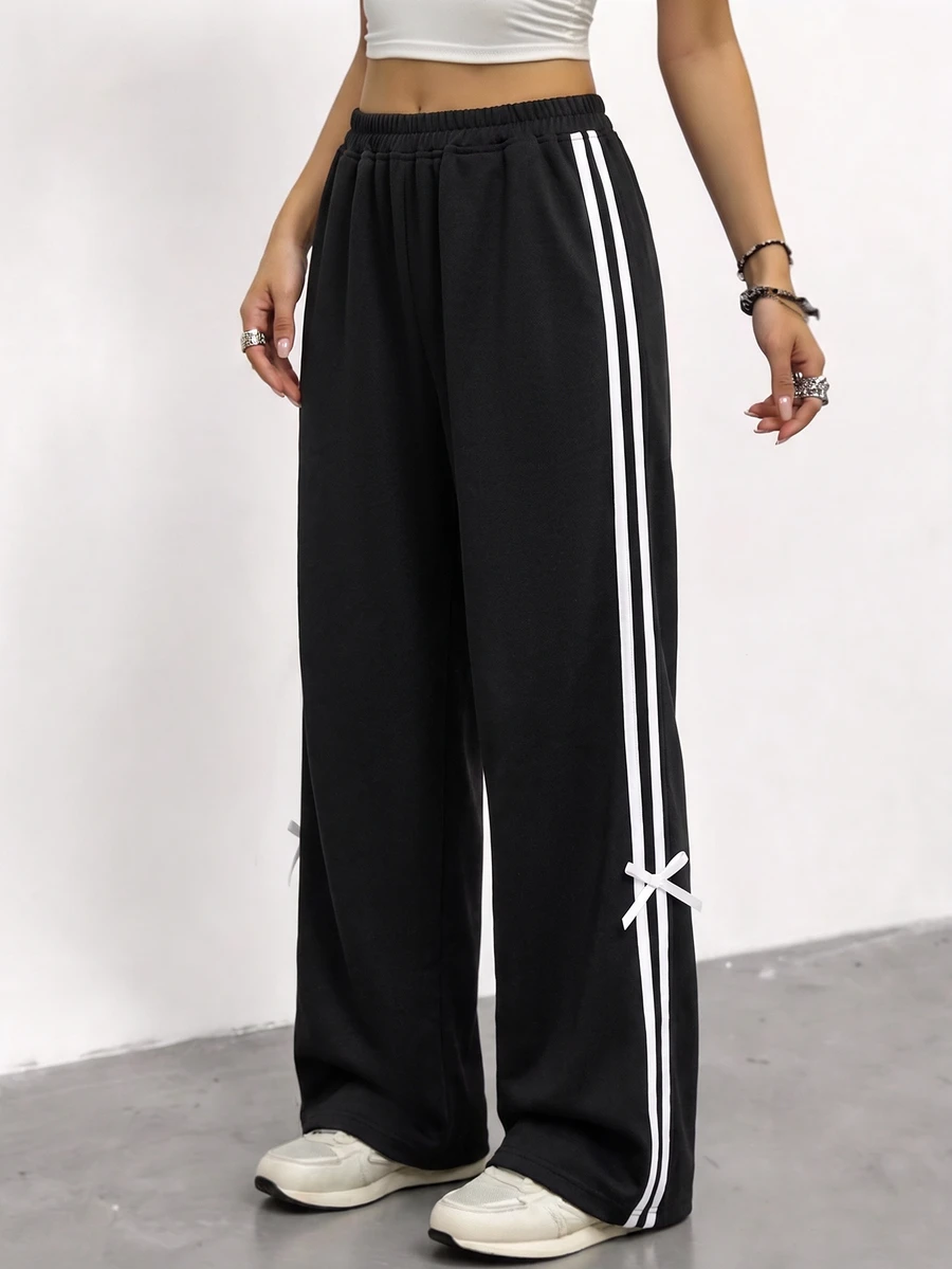SHEIN 少女對比條紋蝴蝶結裝飾長褲 - 黑色 - 查看 1
