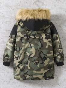 SHEIN 青少年男孩加厚外套，迷彩圖案，連帽毛領設計，時尚舒適，適合秋季與戶外穿著 - 黑色 - 查看 3