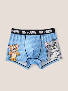 TOM & JERRY X SHEIN 男士緹花腰帶舒適字母印花四角內褲 - 藍色 - 查看 3