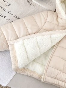 SHEIN 嬰兒與女嬰可愛卡通熊圖案保暖內裡連帽加厚冬季外套 - 杏色 - 查看 4