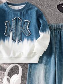 Tween Boys Sweatshirt Set Denim Effect Tie Dye Dark Blue Crew Neck Digital Print Long Sleeve Paired With Long Pants For School Active Autumn Winter - Multicolor - View 6