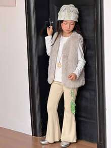 Dazy Kids Tween Girl) Sleeveless Fur Vest Top + Fur Flared Casual Pants 2pcs Sweater Set - Beige - View 5
