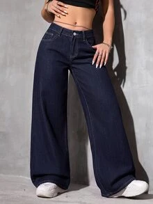 Jeanoix Petite Y2K Casual Washed Low Waist Wide Leg Women's Denim Jeans - Dark Wash - View 6