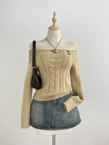 Elamini 女款卡其色時尚百搭經典麻花編織日常通勤復古風秋冬套頭毛衣 - 卡其色 - 查看 4