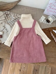SHEIN Babygirl Cute Pink Rabbit Pattern Corduroy Dress - Pink - View 4