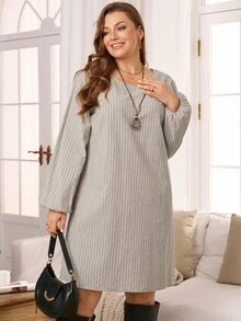 Rosumi 女款大尺碼條紋套頭長袖洋裝 2026秋季女裝 灰色 適合早午餐 正式場合 辦公室 休閒 柔軟修身 內斂 - 彩色 - 查看 1
