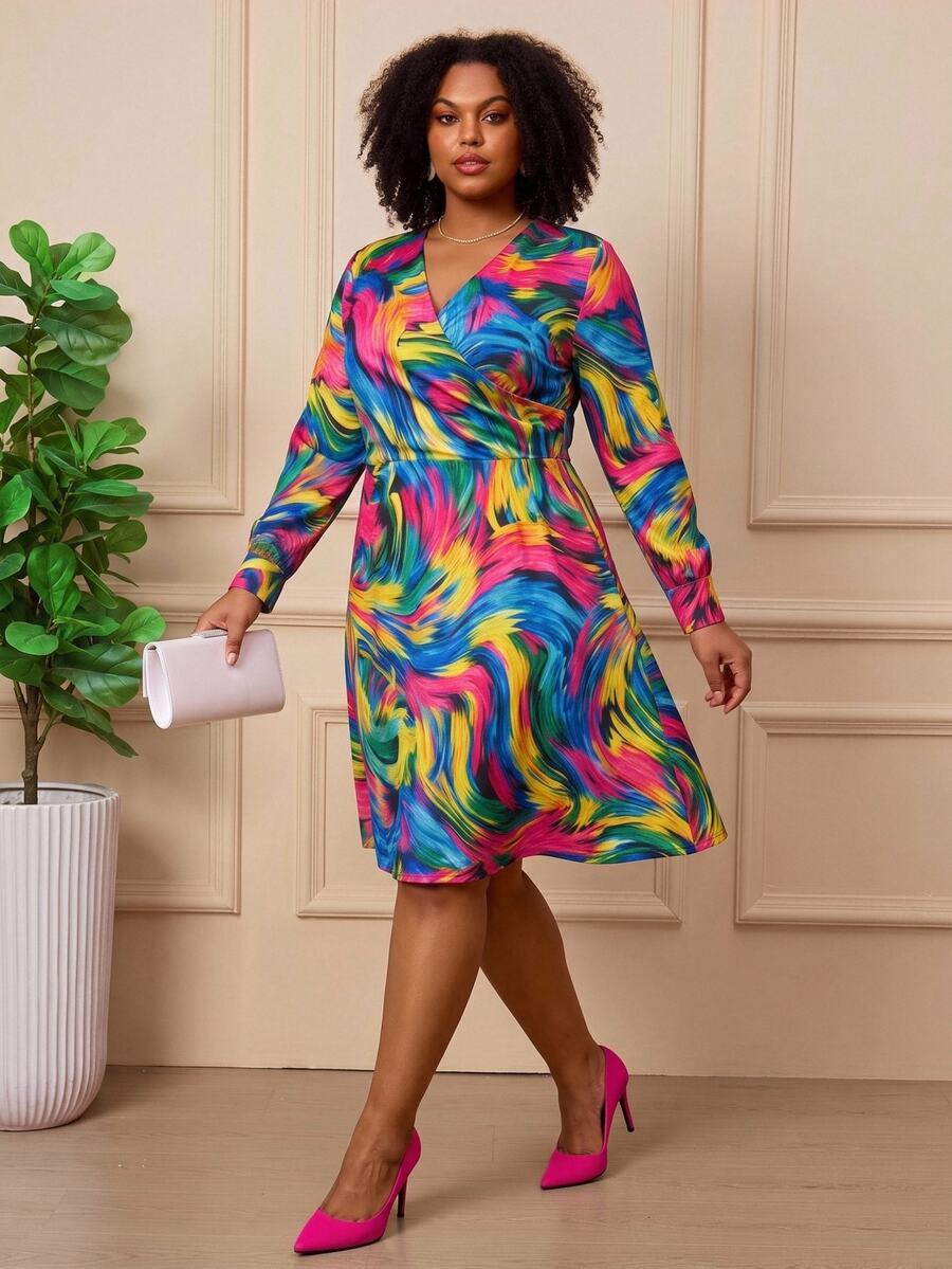 BrightlyHer Plus Size Women's Colorful Tie-Dye Print V-Neck Long Sleeve Cross Front Casual Dress Fall 2026 - Multicolor - View 1
