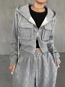 FRIFUL Damen 2er Set Reißverschluss Langarm Kapuzenpullover und Hose mit Kordelzug Taille und Taschen - Grau - Übersicht 10