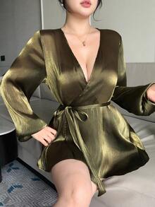 Dazy Plus Green Chiffon Blouse With Asymmetrical Front, Tie Waist, Long Sleeves, Elegant For Wedding And Party - Dark Green - View 7